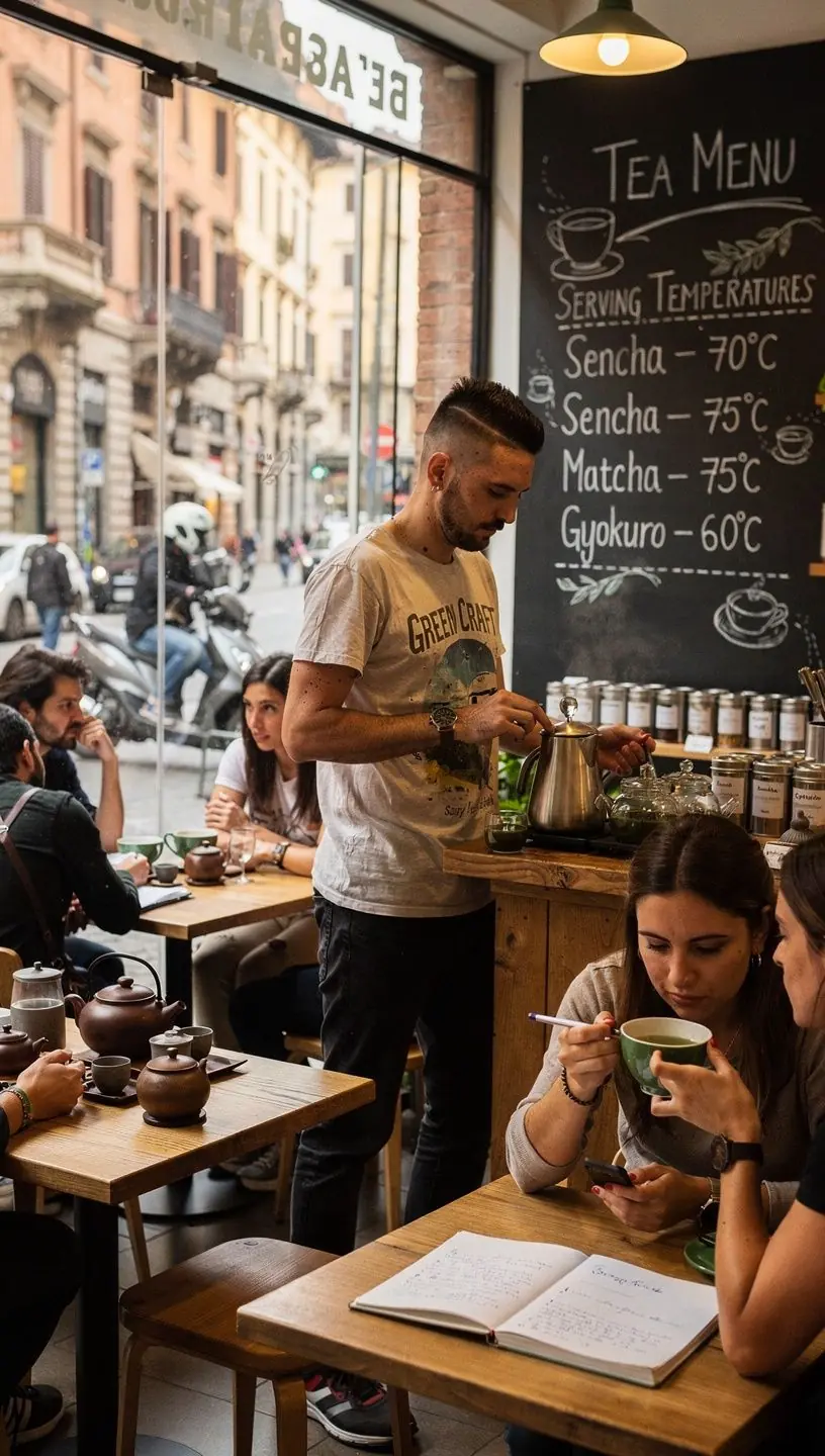 Un esperto di tè che misura la temperatura dell'acqua per una preparazione perfetta.