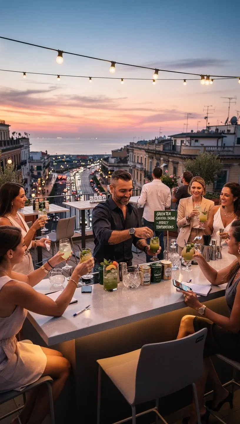 Un paesaggio sereno di una piantagione di tè verde in Italia al tramonto.